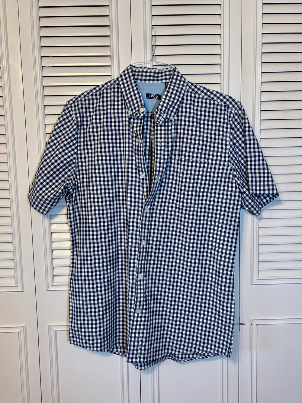 Izod Navy and White Gingham Short-Sleeve Button-Down Shirt